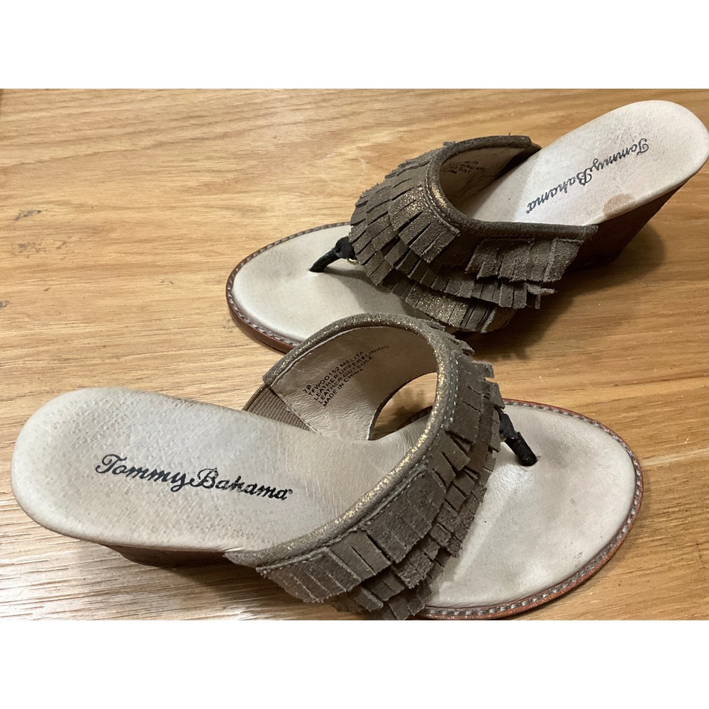 Tommy Bahama Melita Bronze Fringe Wedge Sandals Leather Thong Slide TFW00152 7B
